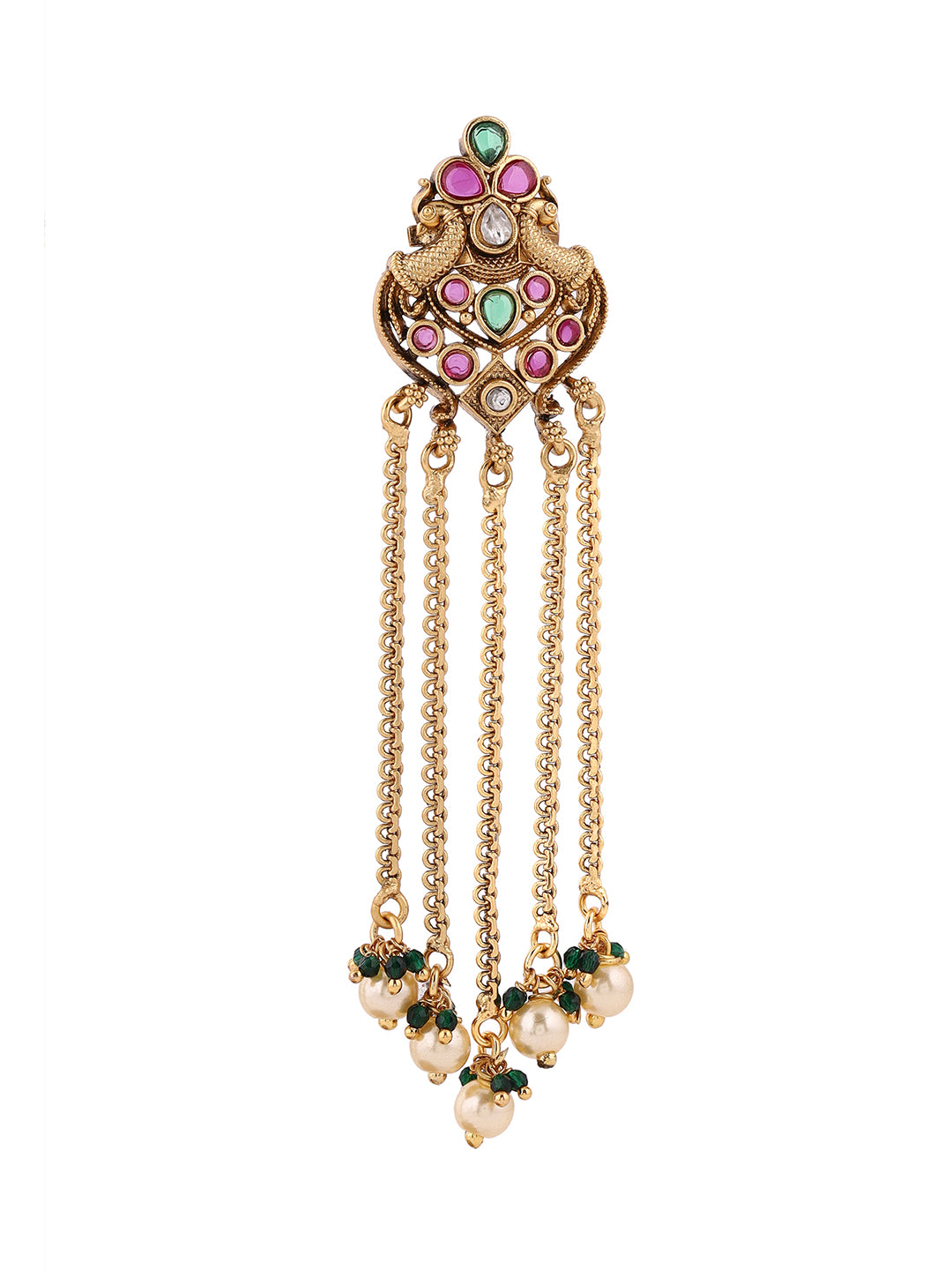 Peacock Elegance Ruby Green Stoned Gold Plated Tassels Drop Earrings