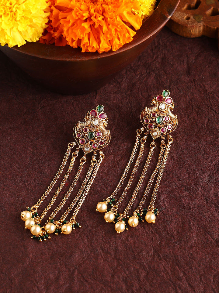 Peacock Elegance Ruby Green Stoned Gold Plated Tassels Drop Earrings