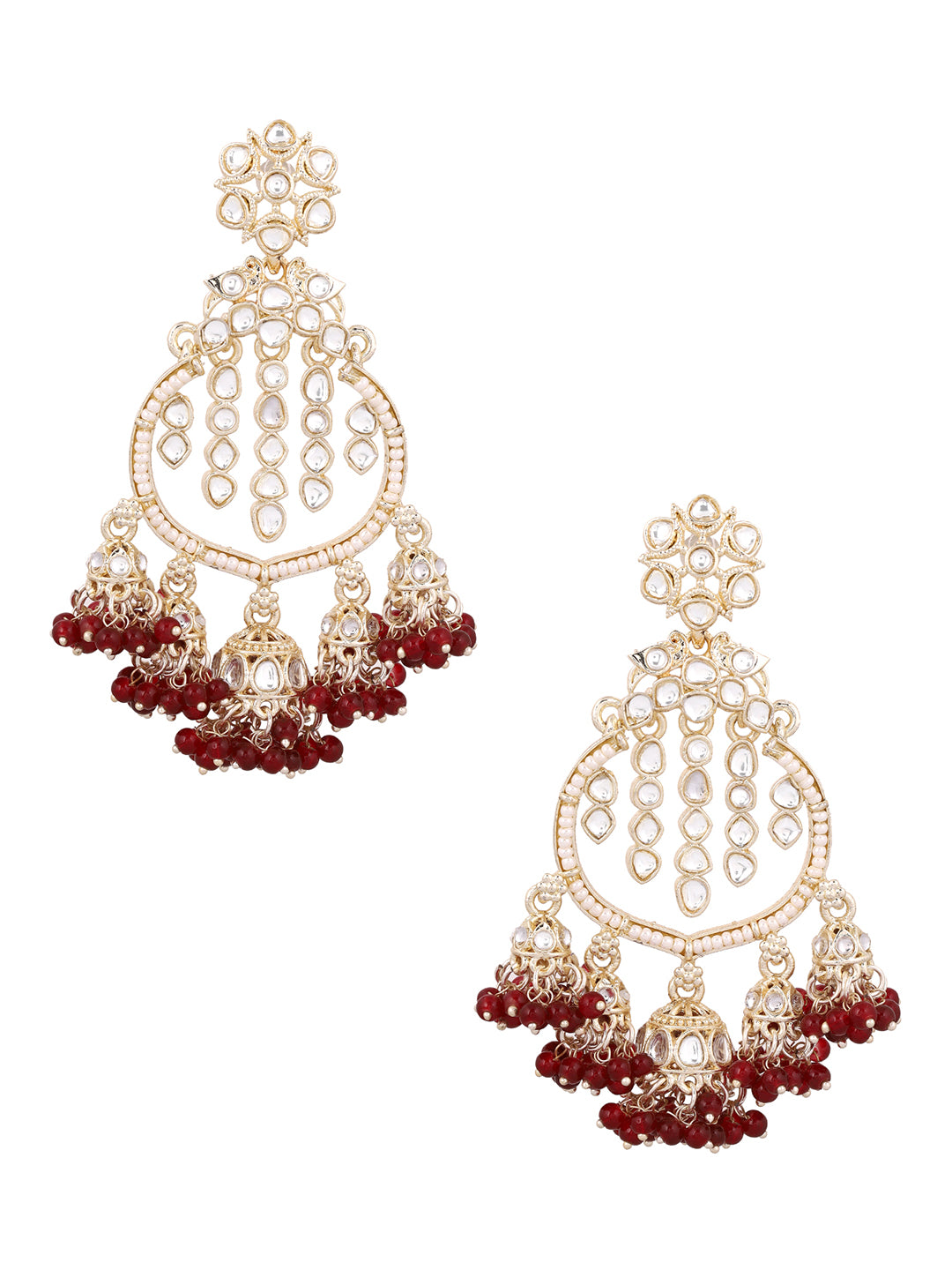 Red Beads Mini Jhumkis Floral Kundan Pearl Gold Plated Chandbali Earrings