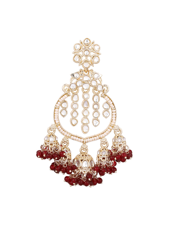 Red Beads Mini Jhumkis Floral Kundan Pearl Gold Plated Chandbali Earrings