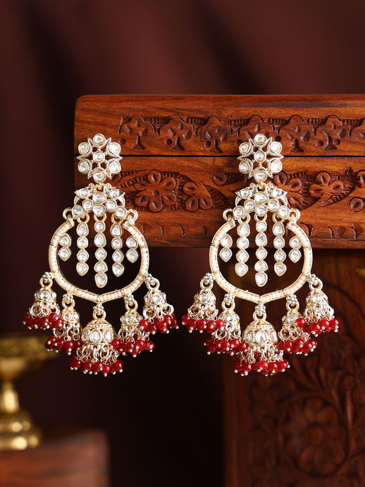 Red Beads Mini Jhumkis Floral Kundan Pearl Gold Plated Chandbali Earrings