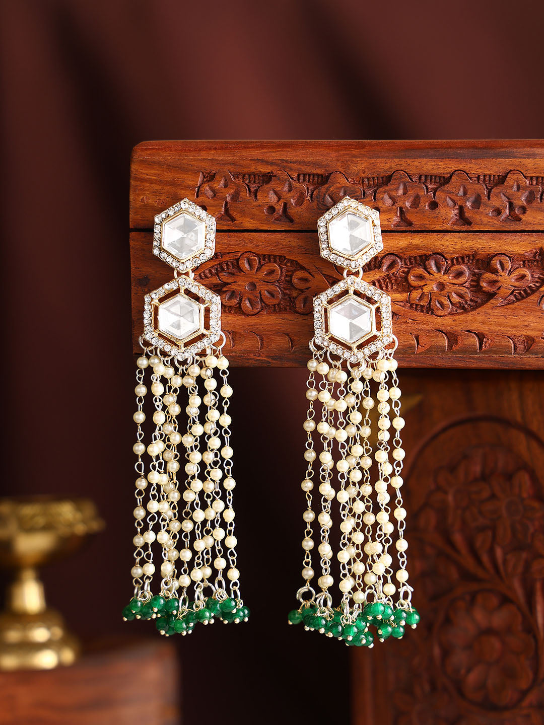 Geometric Pattern Kundan Pearl Danglers Elegance Gold Plated Tassel Earrings