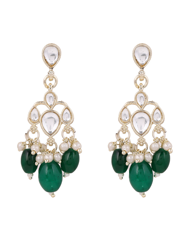 Plain Kundan Gold Plated Green Beads Pushback Drop Earrings