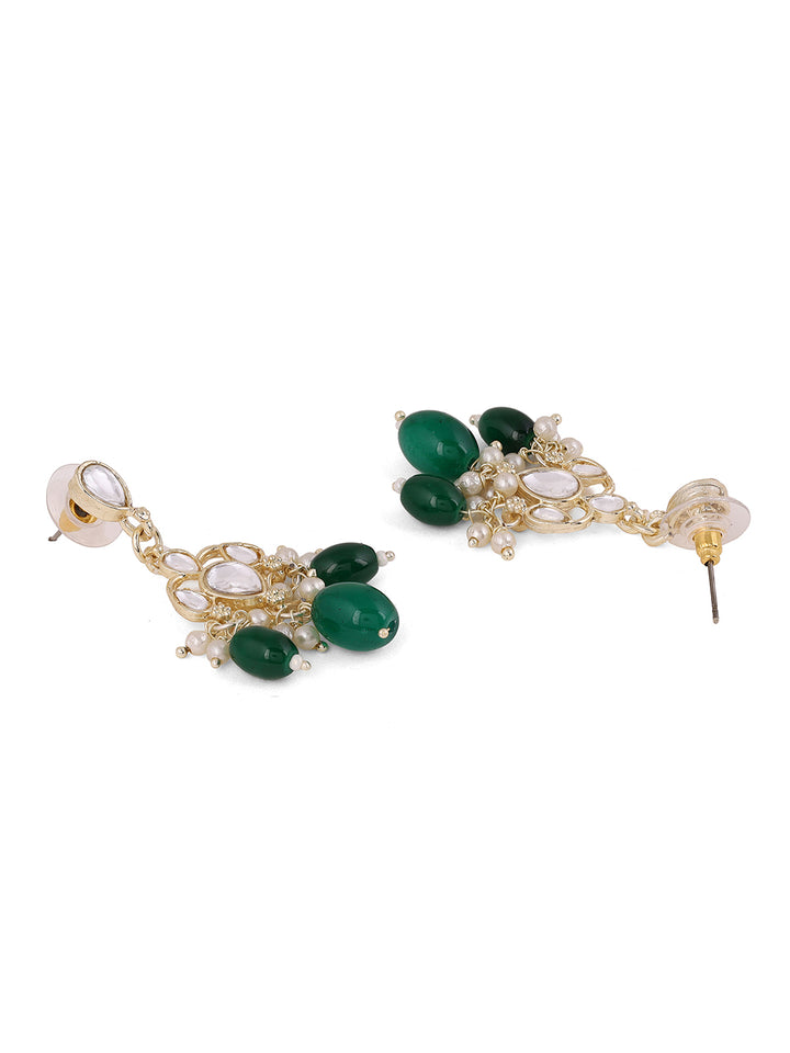 Plain Kundan Gold Plated Green Beads Pushback Drop Earrings