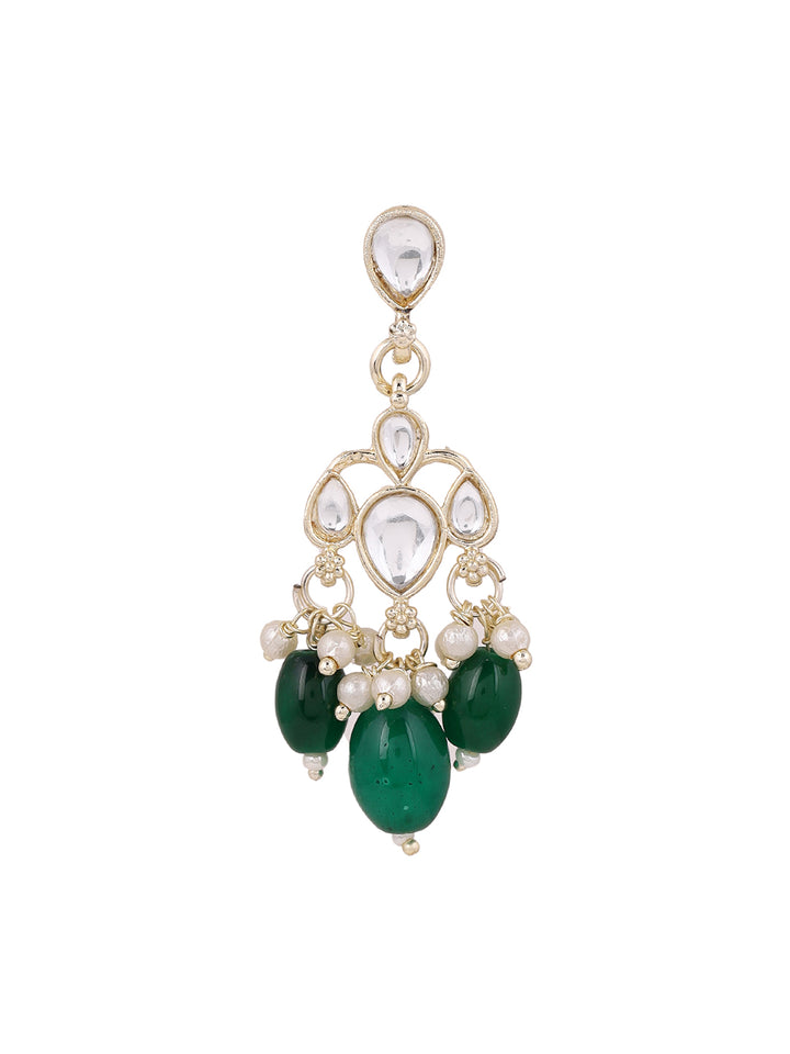 Plain Kundan Gold Plated Green Beads Pushback Drop Earrings