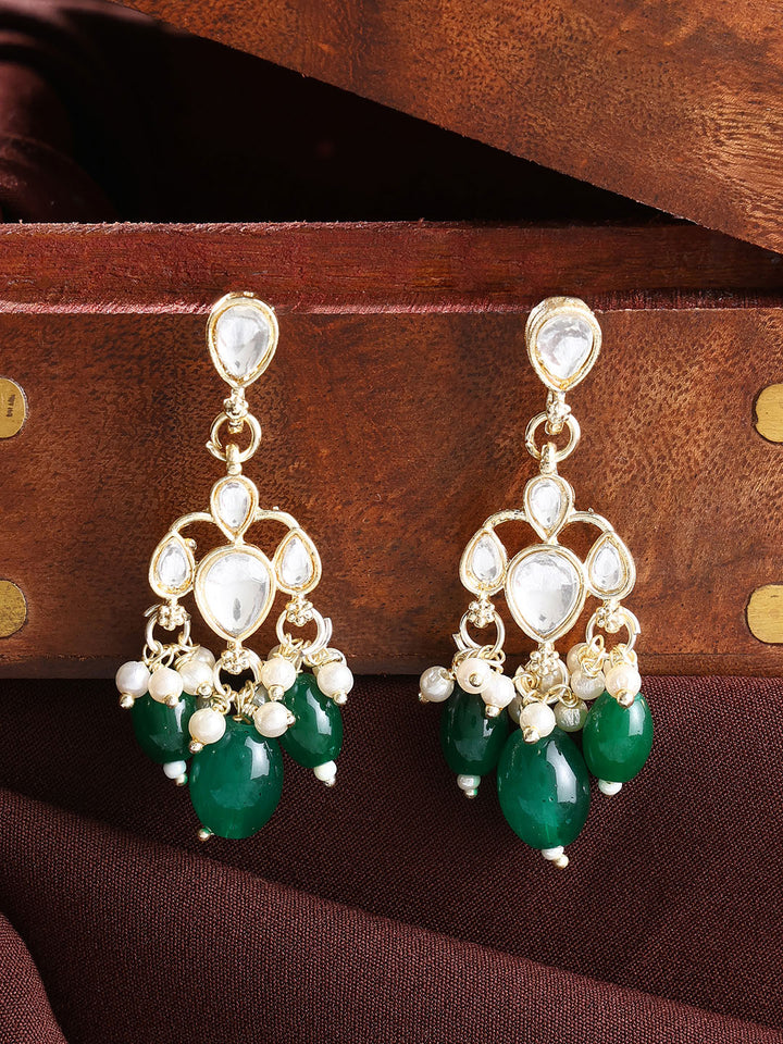 Plain Kundan Gold Plated Green Beads Pushback Drop Earrings