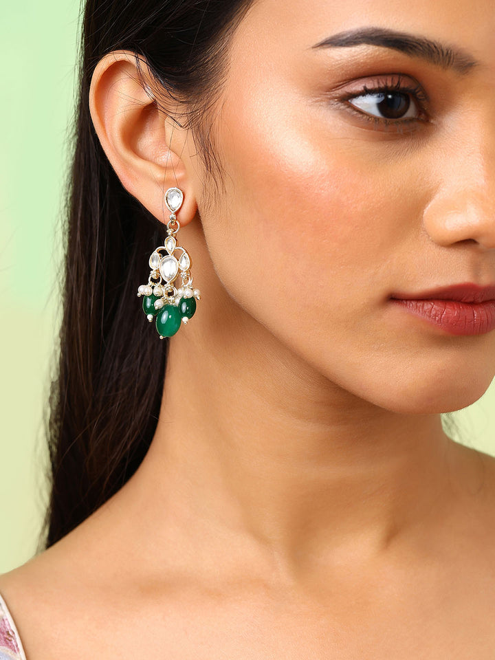 Plain Kundan Gold Plated Green Beads Pushback Drop Earrings