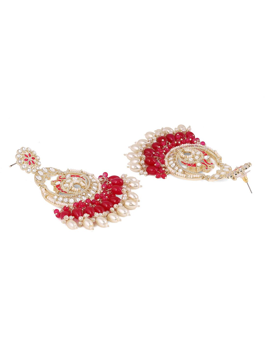 Twin Peacocks Meenakari Pattern Kundan Pink Beads Chandbali Earrings