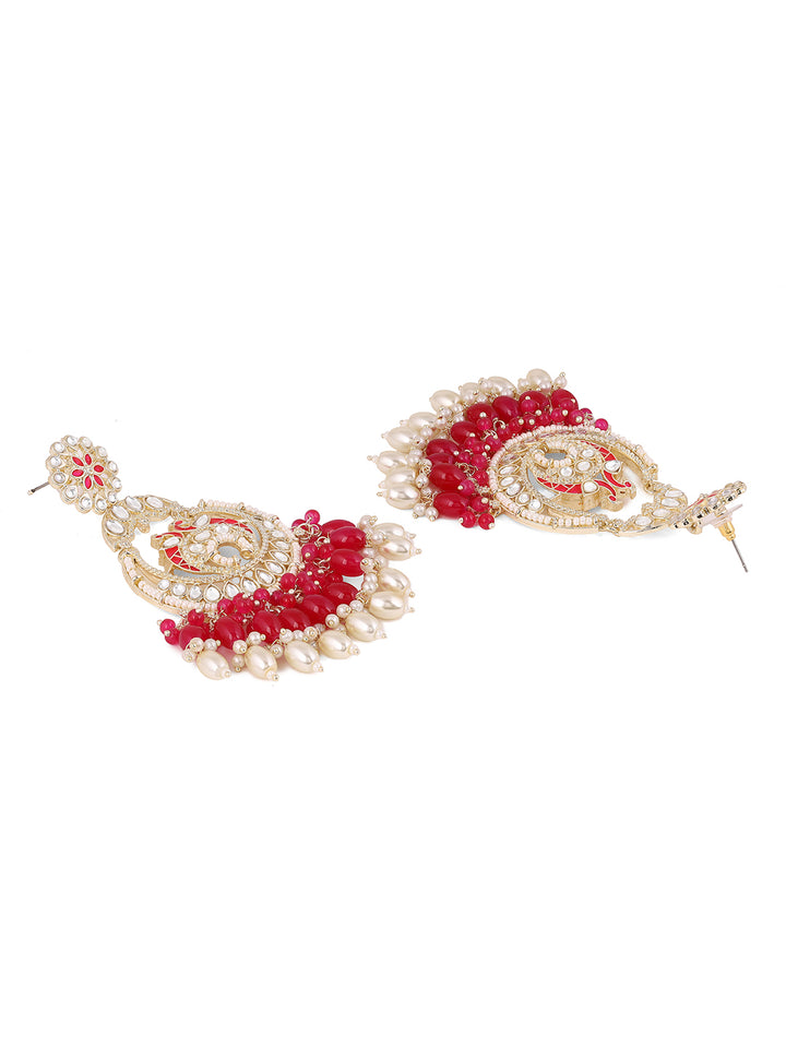 Twin Peacocks Meenakari Pattern Kundan Pink Beads Chandbali Earrings