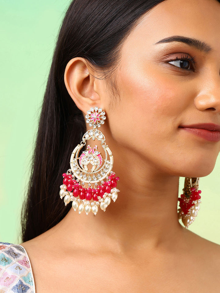 Twin Peacocks Meenakari Pattern Kundan Pink Beads Chandbali Earrings