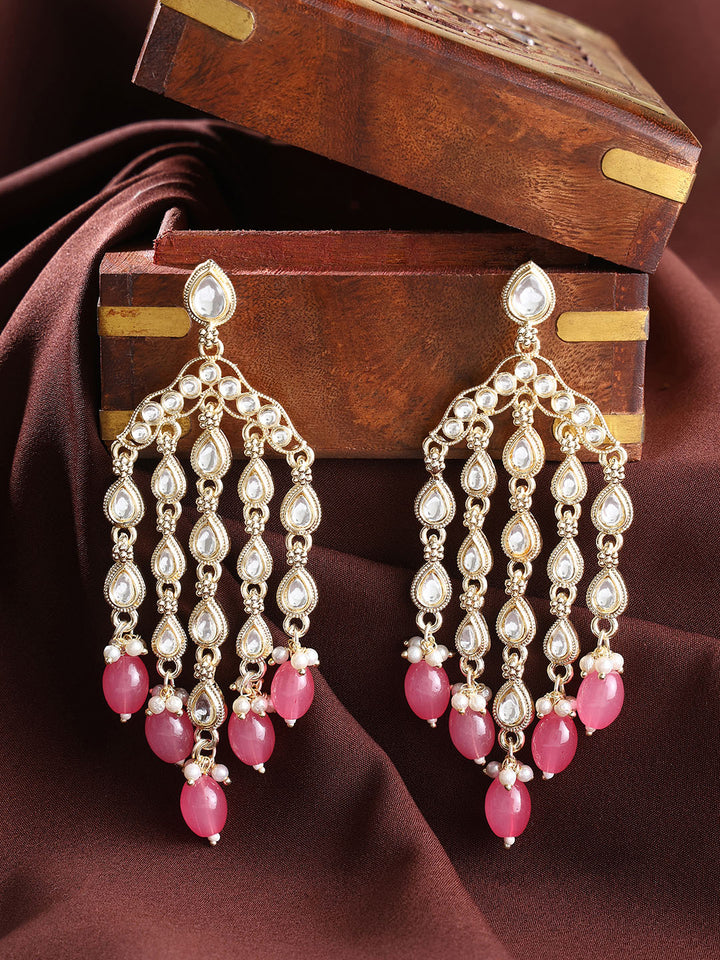 Statement Elegance Kundan Gold Plated Pink Beads Fancy Drop Earrings