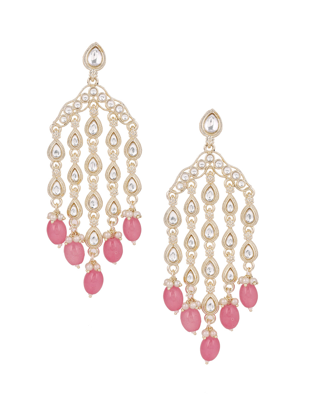 Statement Elegance Kundan Gold Plated Pink Beads Fancy Drop Earrings