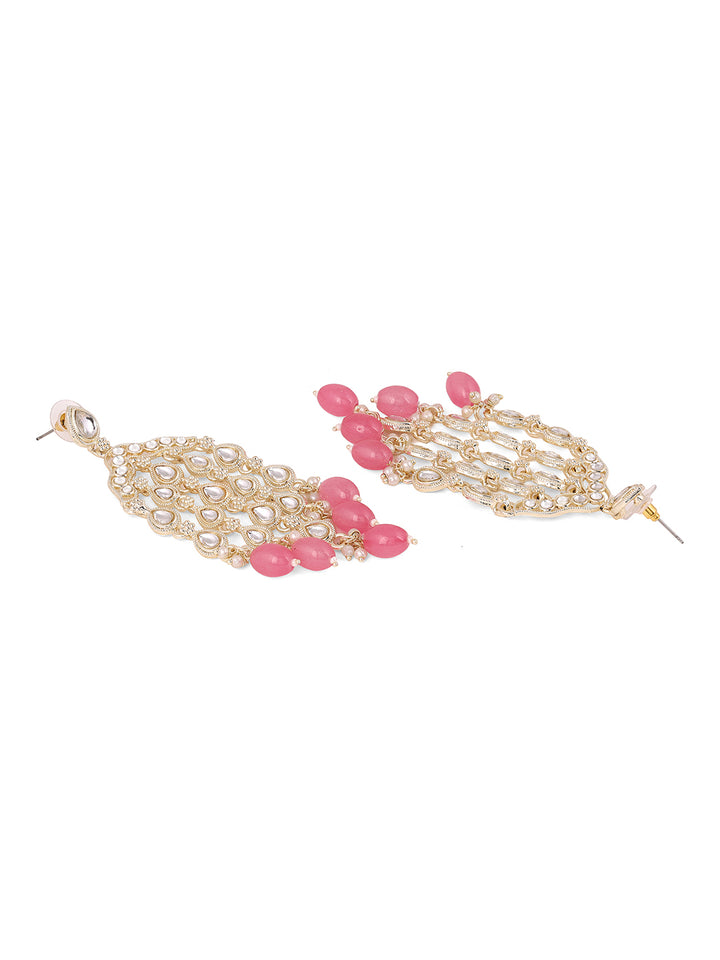 Statement Elegance Kundan Gold Plated Pink Beads Fancy Drop Earrings