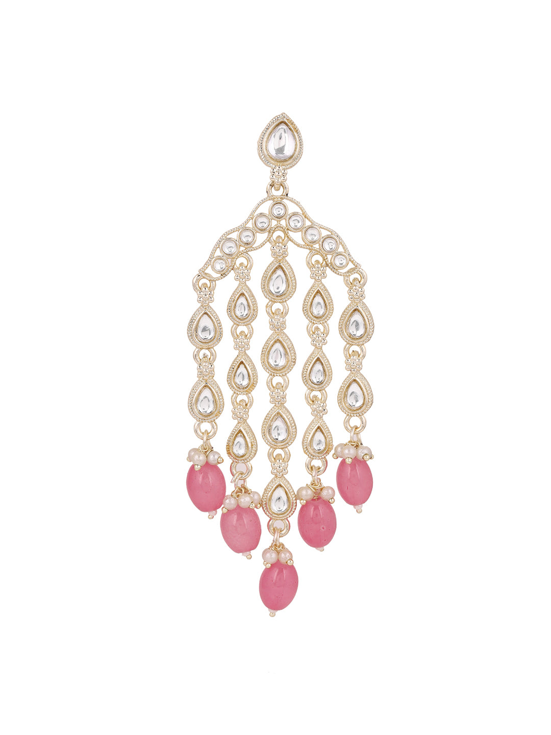 Statement Elegance Kundan Gold Plated Pink Beads Fancy Drop Earrings