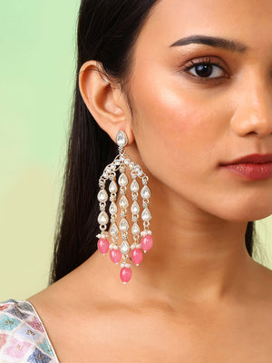 Statement Elegance Kundan Gold Plated Pink Beads Fancy Drop Earrings