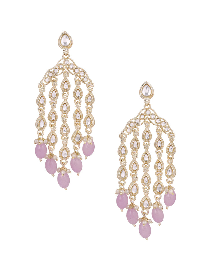 Lilac Beads Kundan Gold Plated Tassels Elegance Drop Earrings