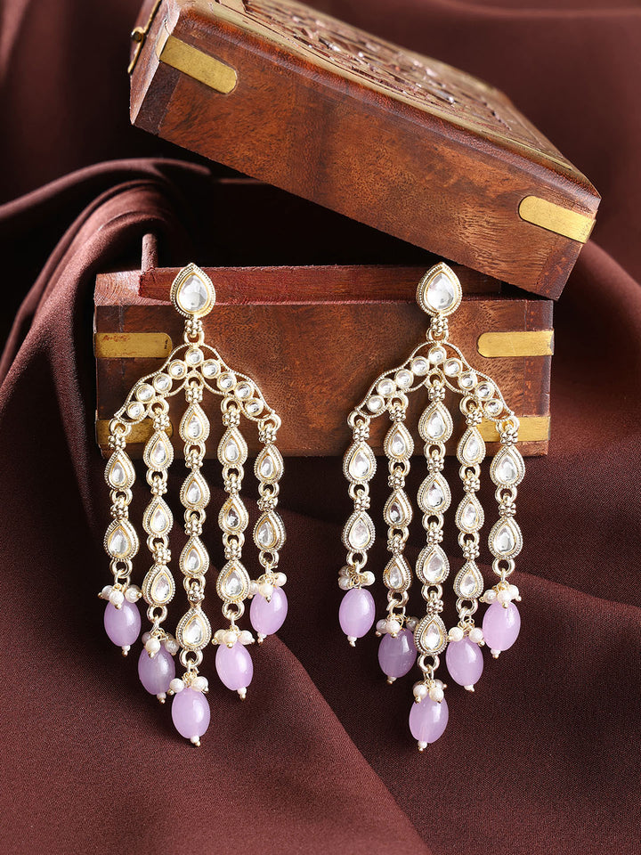 Lilac Beads Kundan Gold Plated Tassels Elegance Drop Earrings