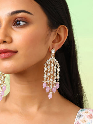 Lilac Beads Kundan Gold Plated Tassels Elegance Drop Earrings