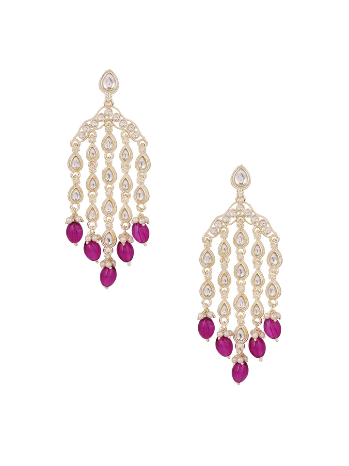 Violet Beads Kundan Drop Elegance Tassels Pattern Drop Earrings