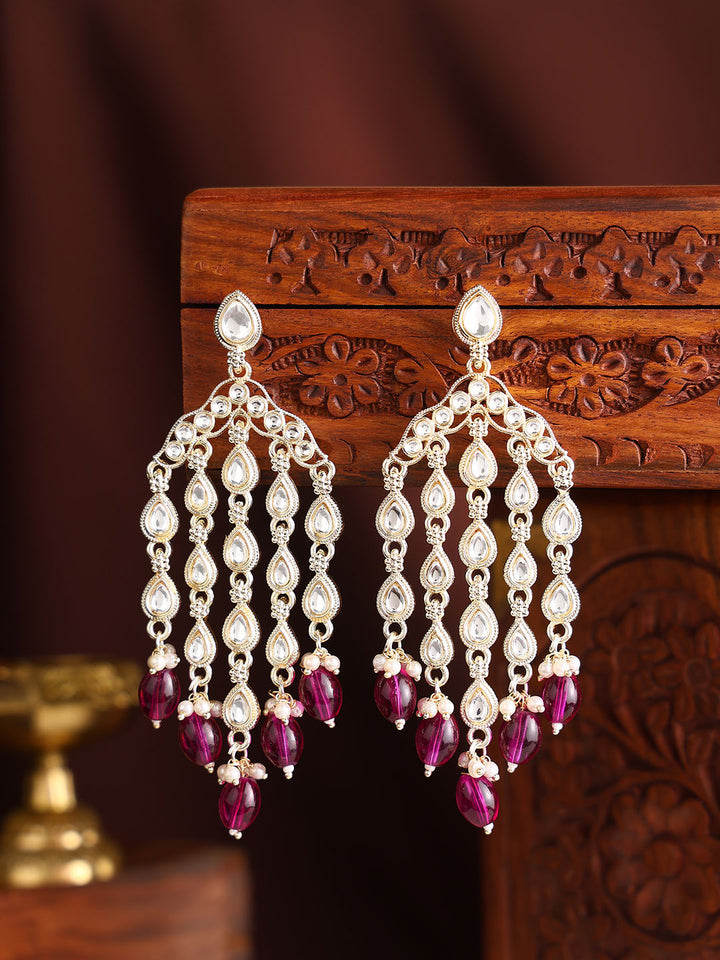 Violet Beads Kundan Drop Elegance Tassels Pattern Drop Earrings