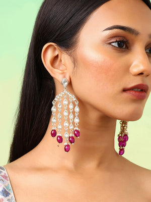 Violet Beads Kundan Drop Elegance Tassels Pattern Drop Earrings