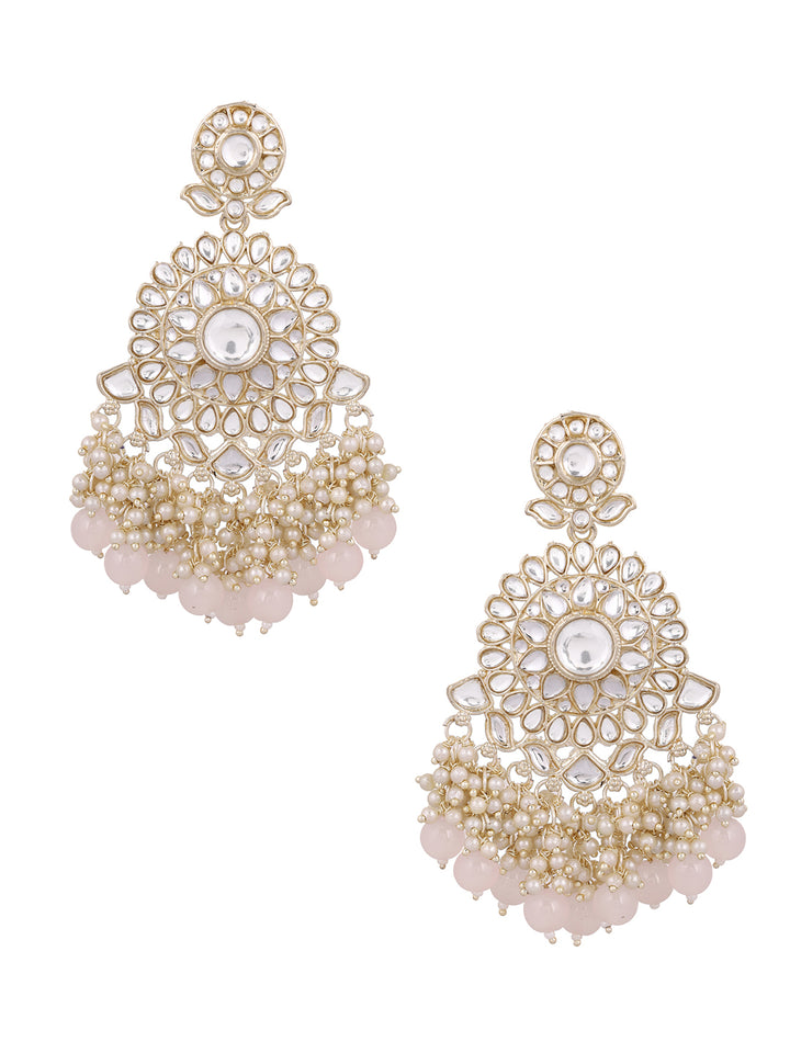 Floral Pattern Kundan Pearl Pink Beads Gold Plated Drop Earrings