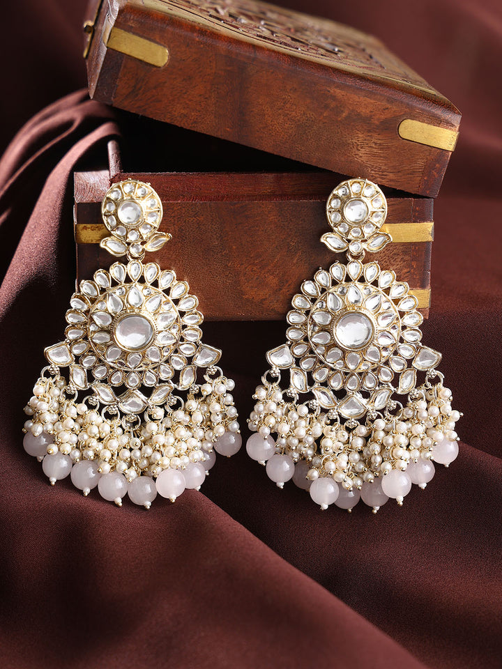 Floral Pattern Kundan Pearl Pink Beads Gold Plated Drop Earrings