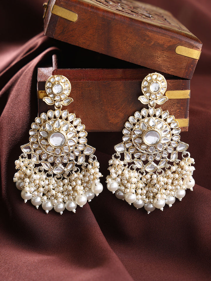 Floral Pattern Kundan Gold Plated Pearl Elegant Drop Earrings