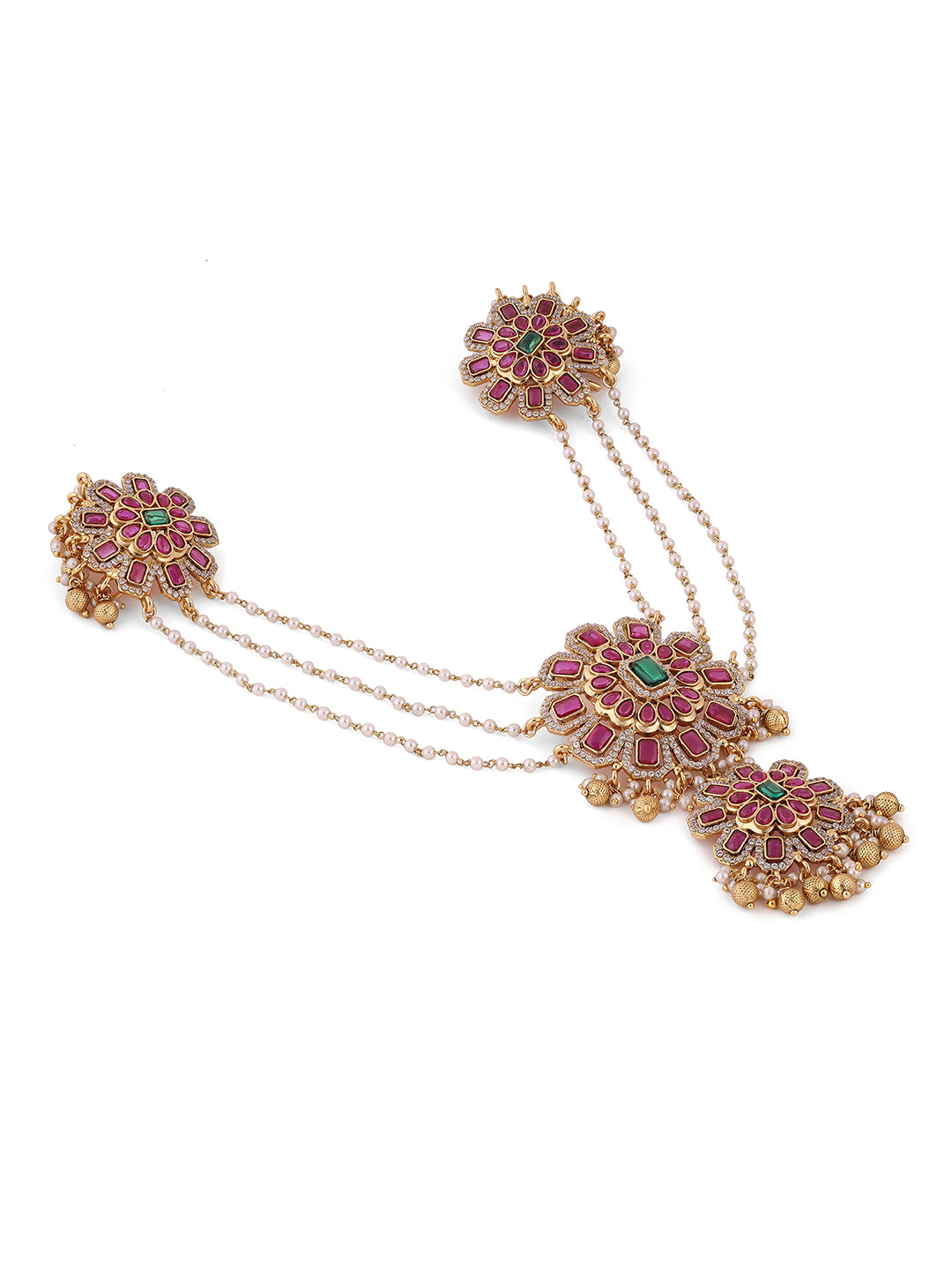 Floral Pink Stoned Pearl Layered Gold Plated Hair Accessories