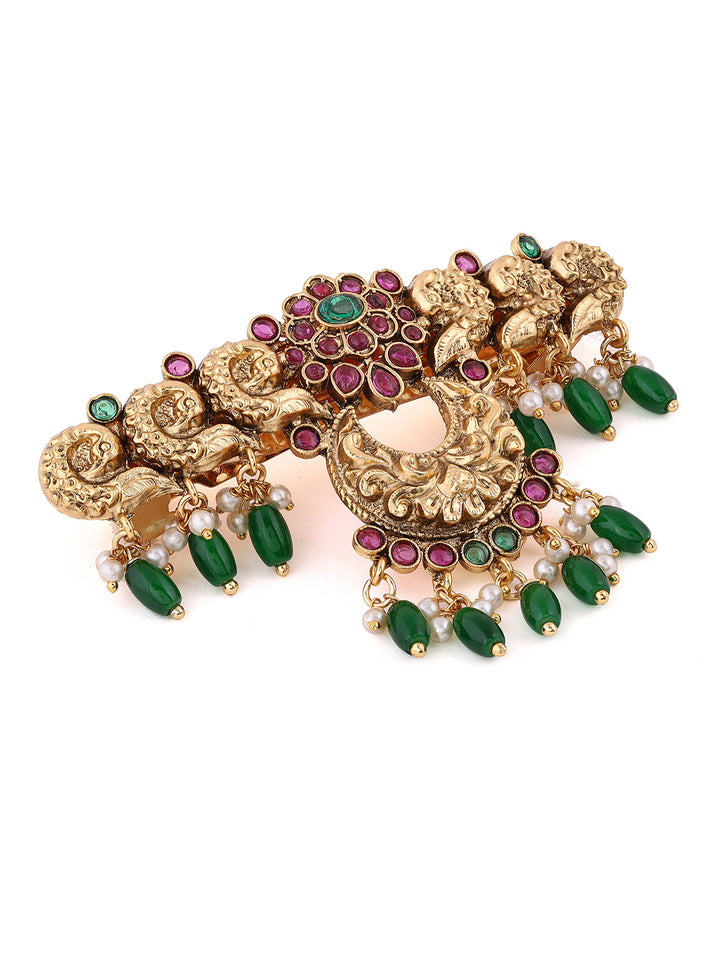 Twin Peacocks Chands Pattern Ruby Green Stoned Gold Plated Hair Accessories