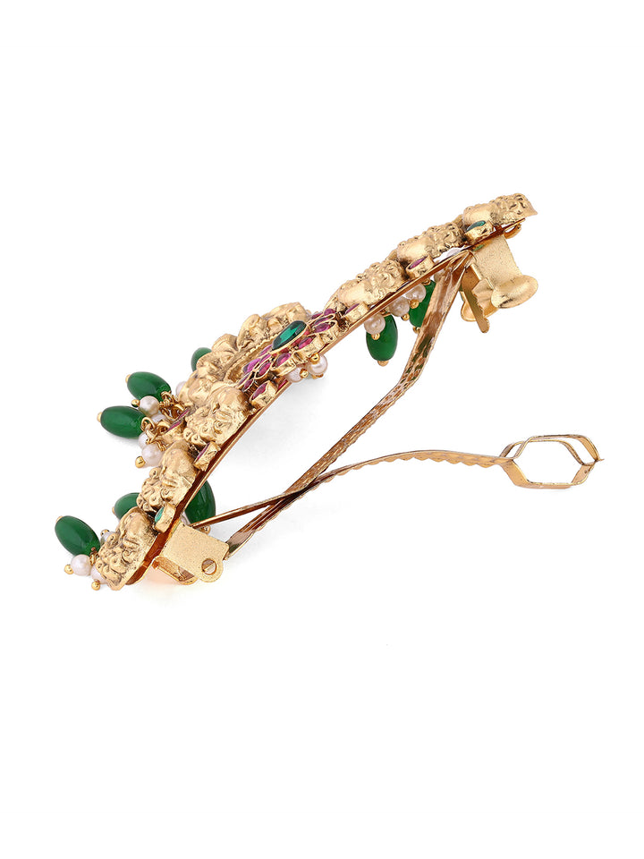 Twin Peacocks Chands Pattern Ruby Green Stoned Gold Plated Hair Accessories