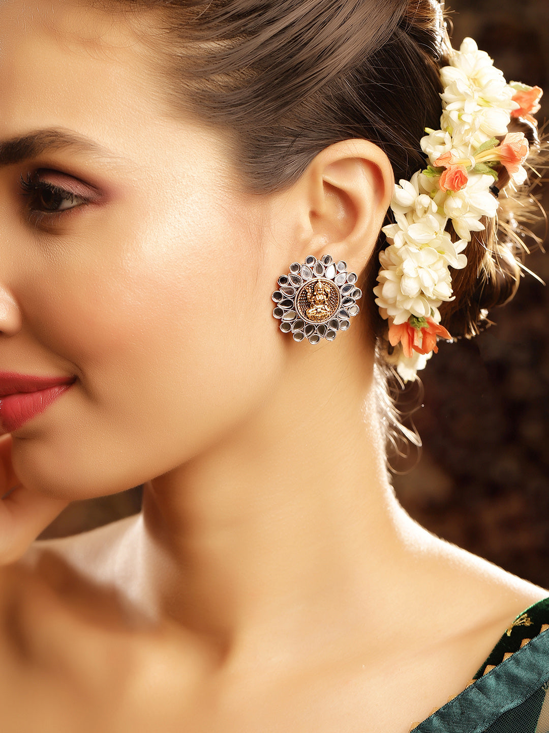 Priyaasi Silver Plated Temple Stud Earrings