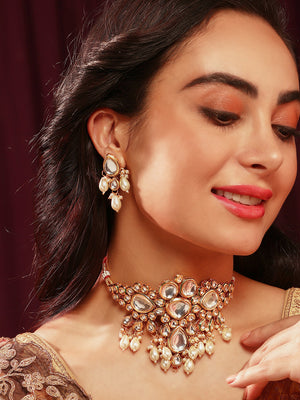 Priyaasi Finest Kundan Gold Plated Choker Necklace with Chic Drop Pearl Earring Jewellery Set