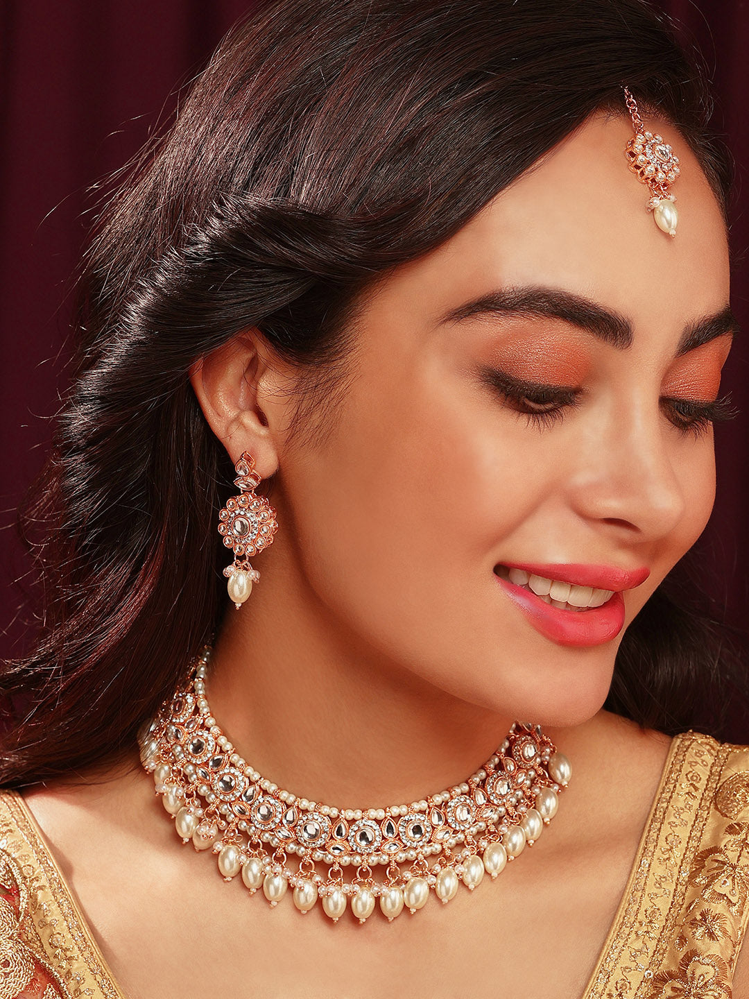 Priyaasi Kundan Pearl Elegance GOld Plated Necklace with Drop Earrings and Floral Maangtika jewellery Set