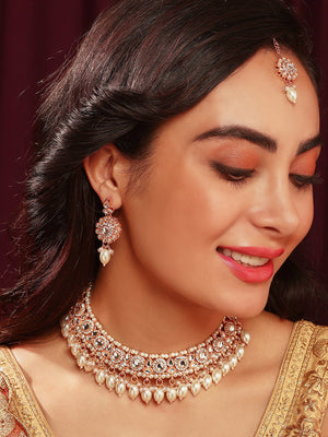 Priyaasi Kundan Pearl Elegance GOld Plated Necklace with Drop Earrings and Floral Maangtika jewellery Set