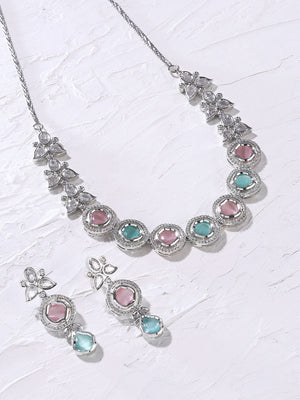 Priyaasi Floral Dual Color AD Fashion Necklace with Drop Style Earrings Jewellery Set