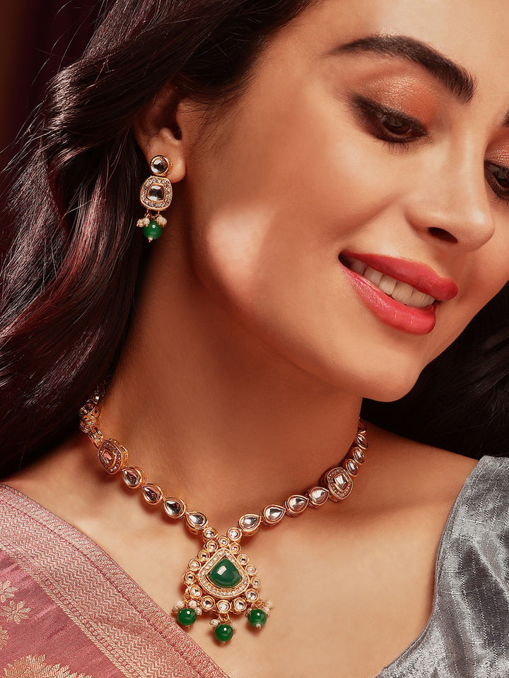 Priyaasi Green Stone Kundan Simple Necklace with Drop Pattern Green Bead Earring Jewellery Set
