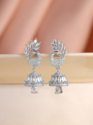 Priyaasi Peacock Design AD Silver Plating Mini Jhumkis Earrings