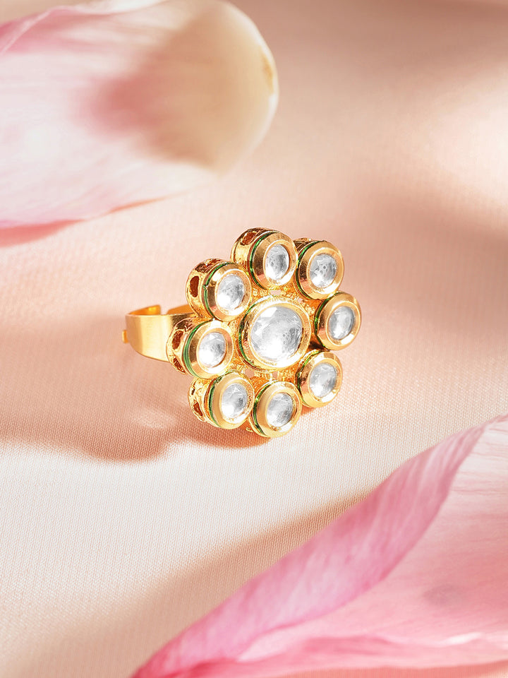 Priyaasi Blomming Flower Design kundan Gold Plated adjustable Ring