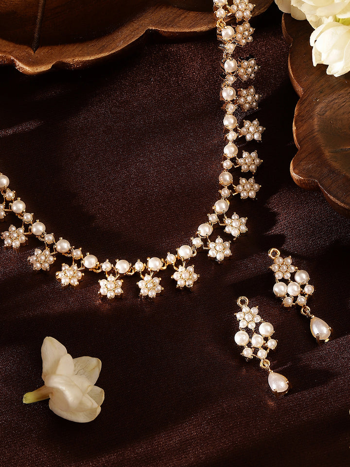 Floral Style Pearl Studded Necklace and Drop Earrings Jewellery Set