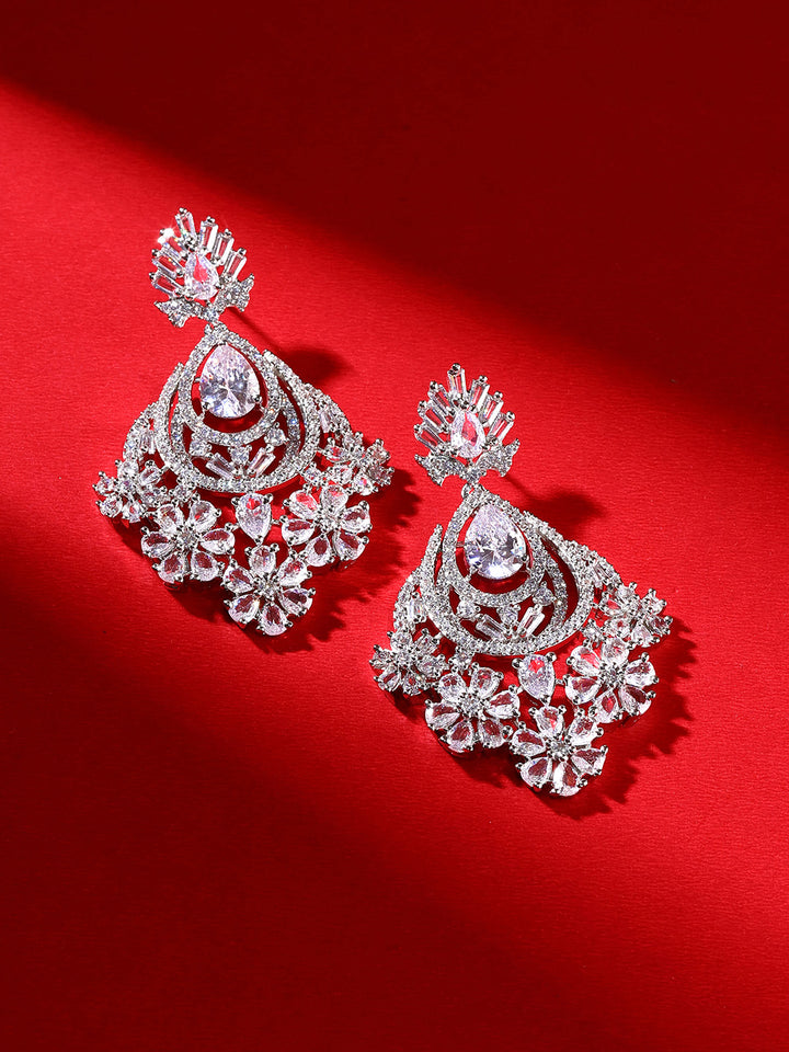 Priyaasi AD Stones Splendor Floral Design Silver Plated Drop Earrings