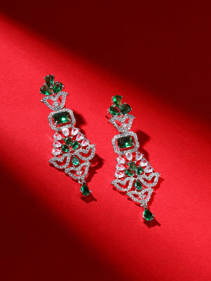 Priyaasi Floral Emerald AD Stones Silver Plating Elegant Earrings