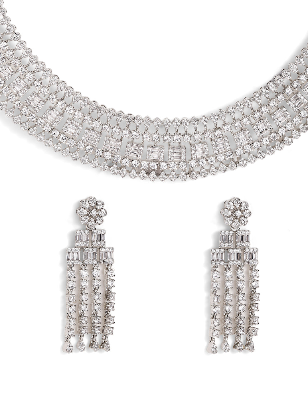 Fancy Statement American Diamond Silver Plated necklace Drop Earrings Jewellery Set