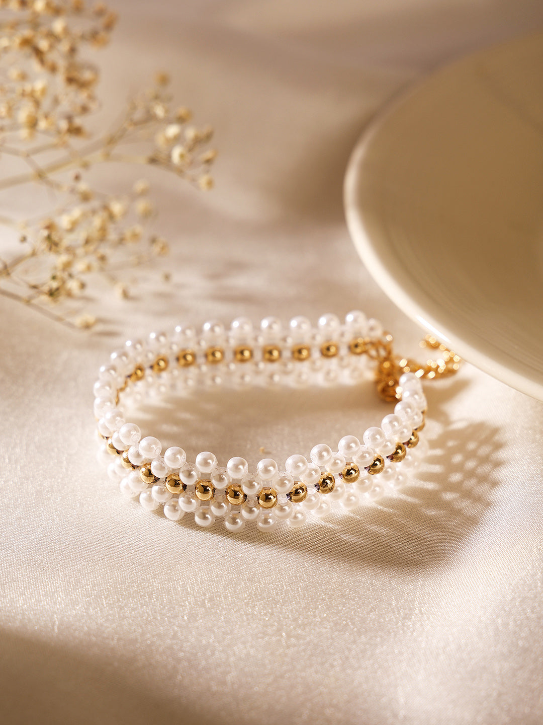 Priyaasi Pearl Gold Mesh Gold Plated Fancy Bracelet