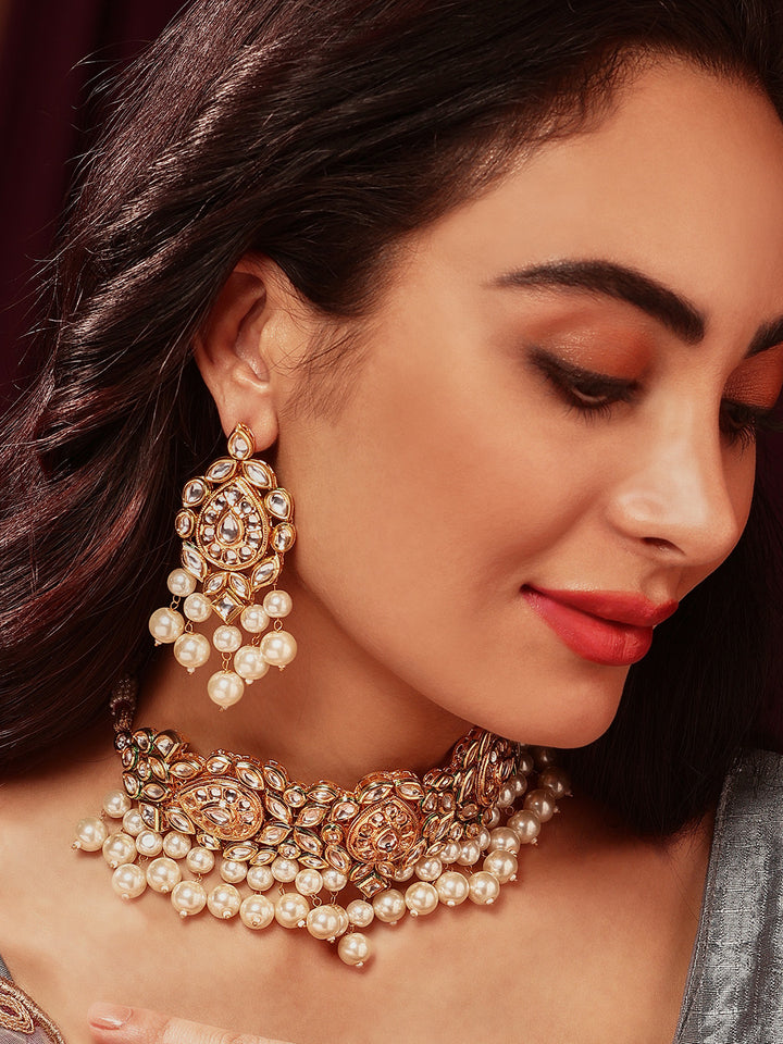 Priyaasi Kundan Pearl Floral Design Choker with Kundan Earrings Jewellery Set