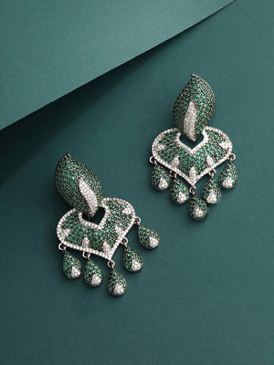 Priyaasi Leaf Shape Green Black AD Floral Drop Earrings