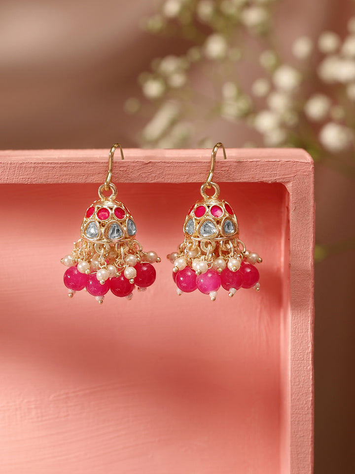 Priyaasi Mini Fresh Water Pearls Pink Beads Gold Plated Jhumka Earrings