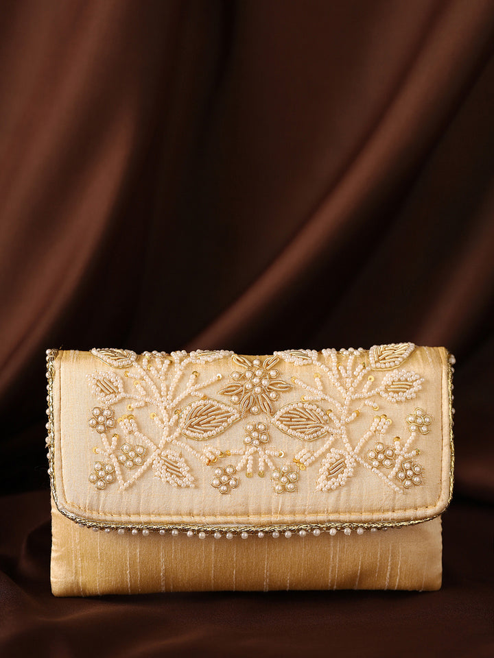 Priyaasi Embroidery Gold Floral Pearl Design Clutch Bag