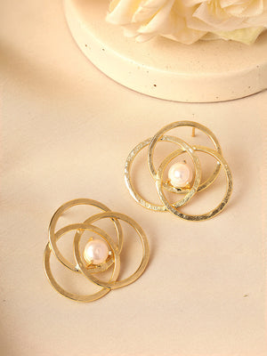 Priyaasi Geometric Circles Gold Plated Pearl Stud Earrings