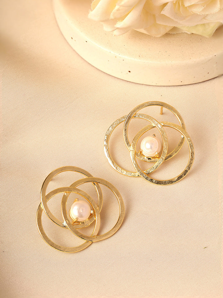 Priyaasi Geometric Circles Gold Plated Pearl Stud Earrings